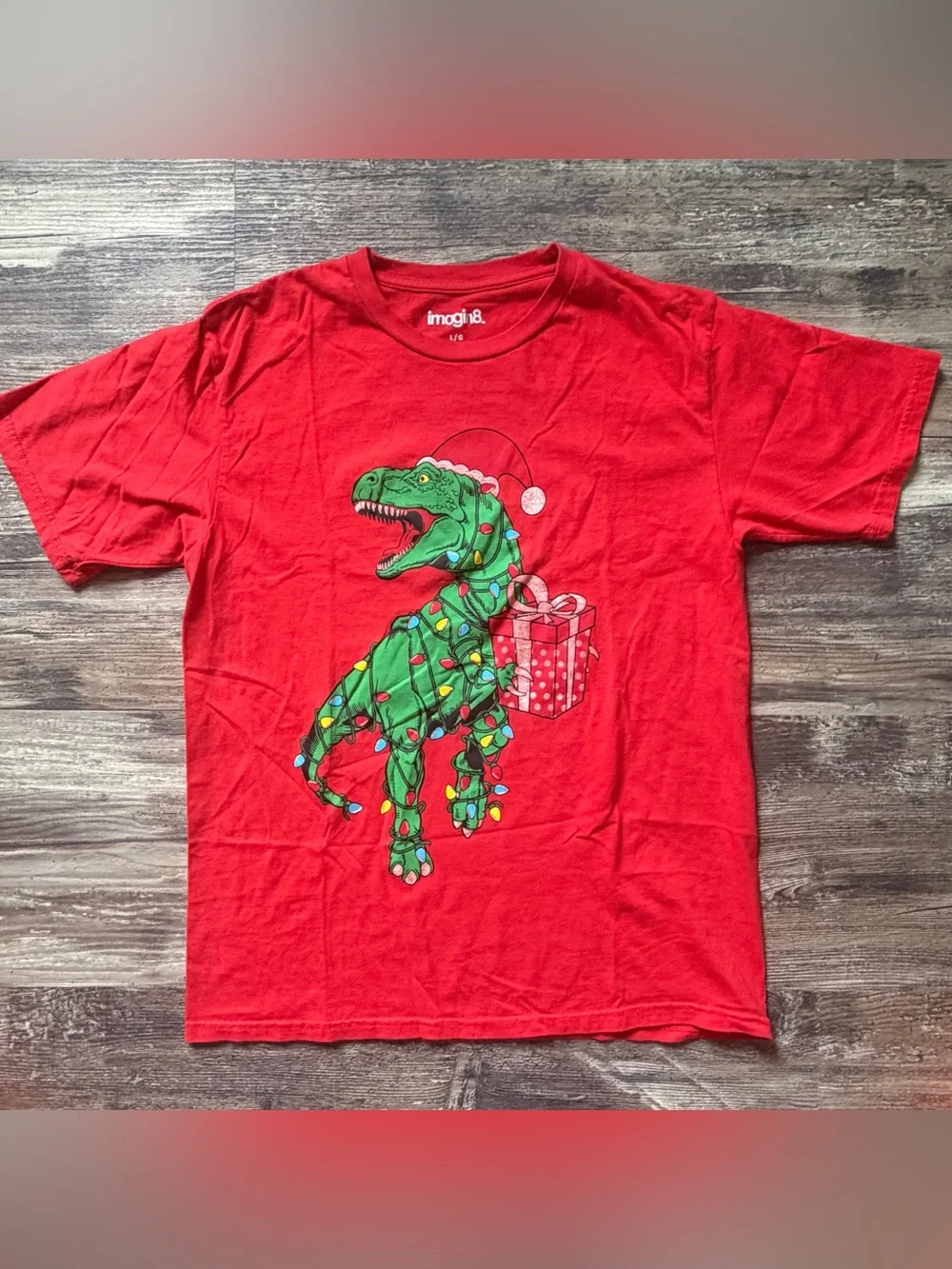 Lot of 3 fun Holiday theme graphic short sleeve shirts boys L 10-12 Santa Dino